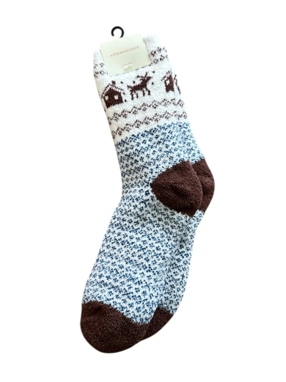 Anthropologie Cozy Cabin Sherpa Lined Socks Blue Brown Winter Village One Size